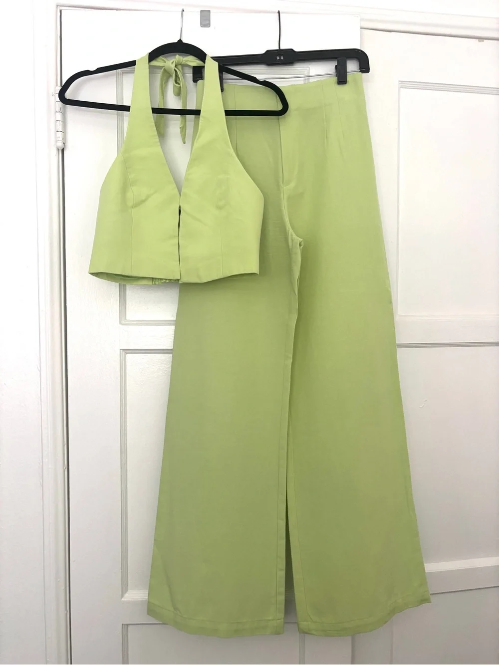 Zara Key Lime Green Halter Crop Top & Wide-Leg Pants Set